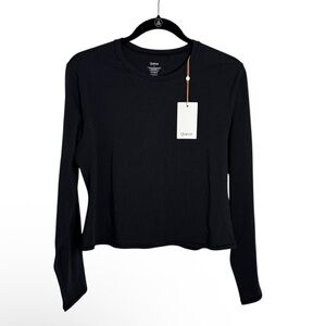 Quince Organic Cotton Long Sleeve Cropped Black Stretch TShirt NWT